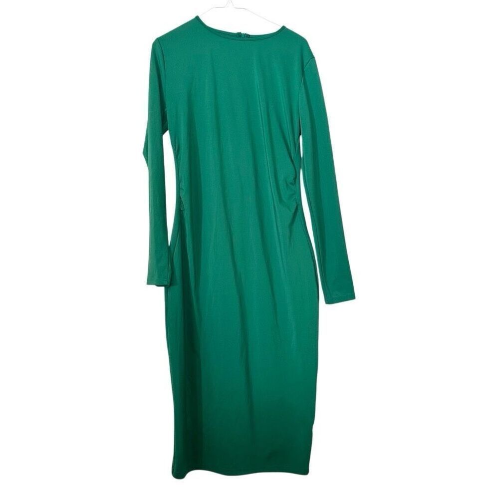 Emery Rose Crew Neck Back Zip Long Sleeve Jersey Bodycon Midi Dress Green Large